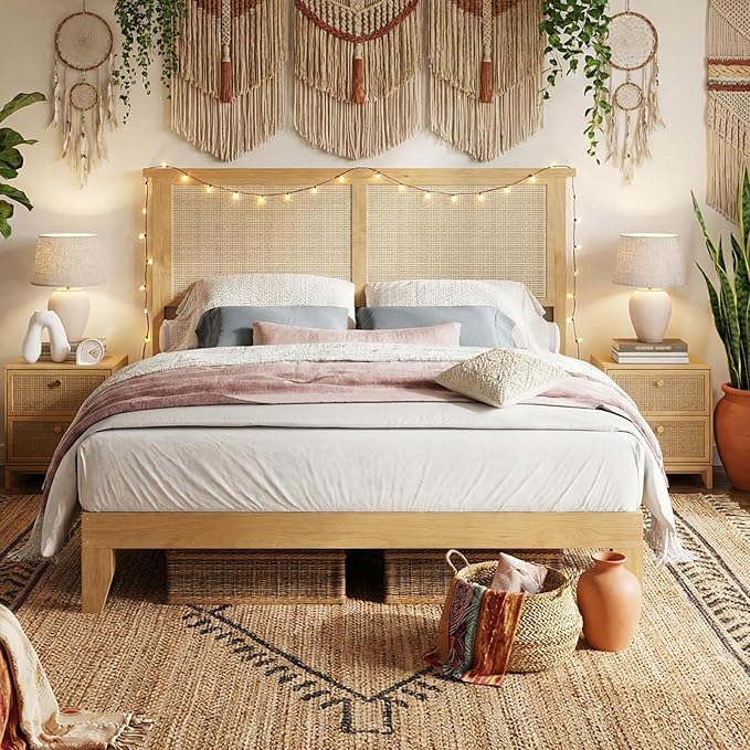IDEALHOUSE Rattan Bed Frame Queen Size with Natural Rattan Headboard & LED Lights, Wood Queen Bed Frame with Solid Wood Foundation, No Box Spring Needed, Natural