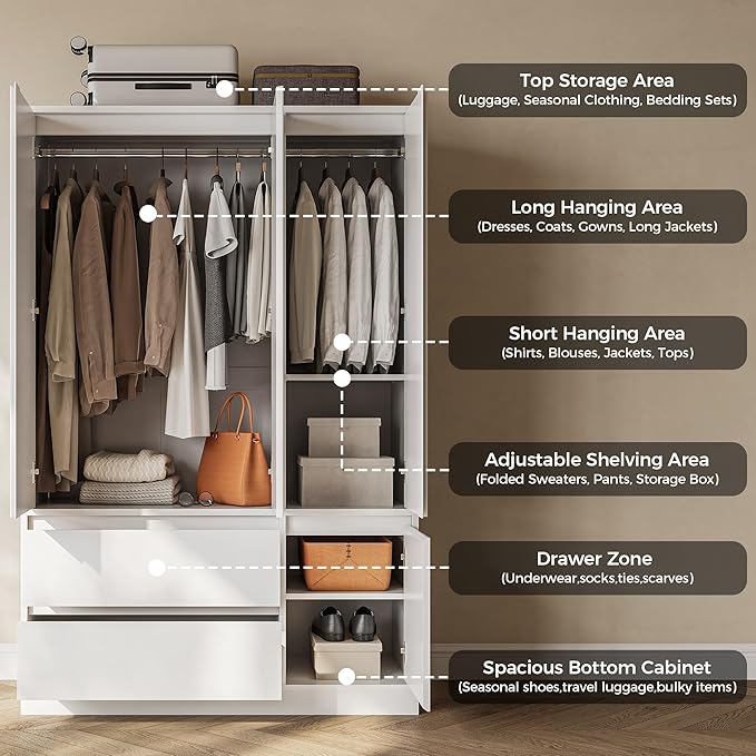 IRONCK 47.2" Armoire Wardrobe Closet with Drawers, White Armoire with Hanging Rods & DIY Adjustable Shelves, Modern Wardrobe with Soft-Close Hinges & Anti-Tip Device, Freestanding Closet for Bedroom