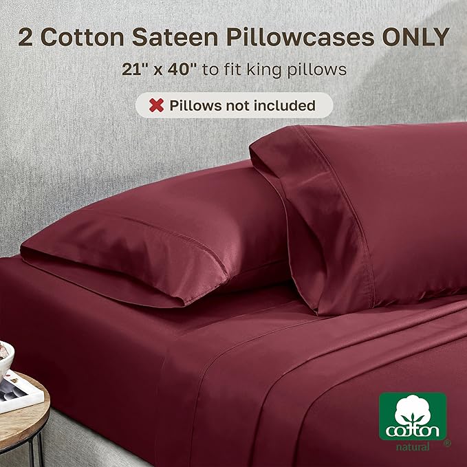 California Design Den King Size Pillowcase Set - 400 Thread Count, 100% Cotton Sateen, Set of 2 Pillow Covers, Soft and Breathable - Burgundy Red
