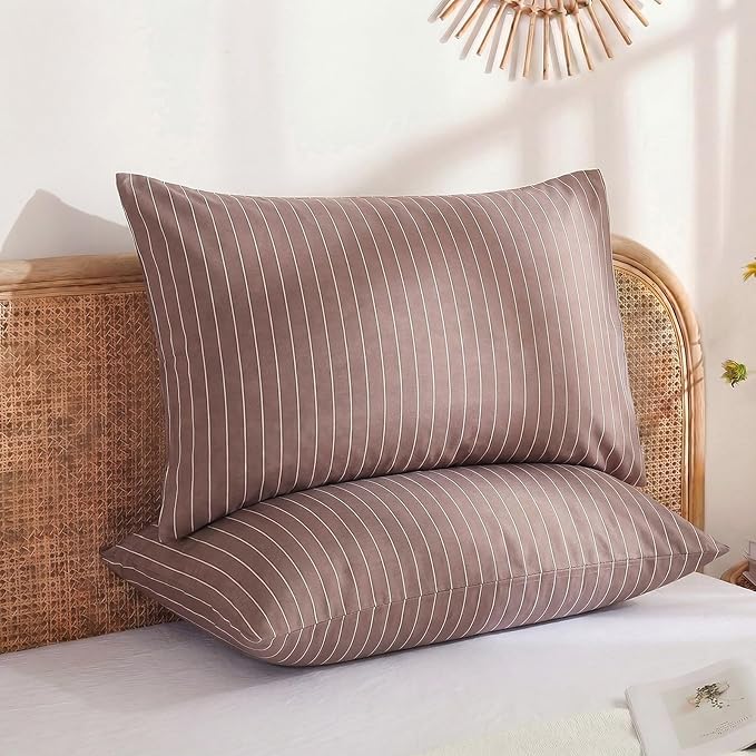Merryword Brown Striped Pillowcases, 100% Cotton Pillow Cases, King Size Pillowcases, Luxury Linen Like Pillowcase, Soft Breathable Pinstripe Pillow Covers, Set of 2