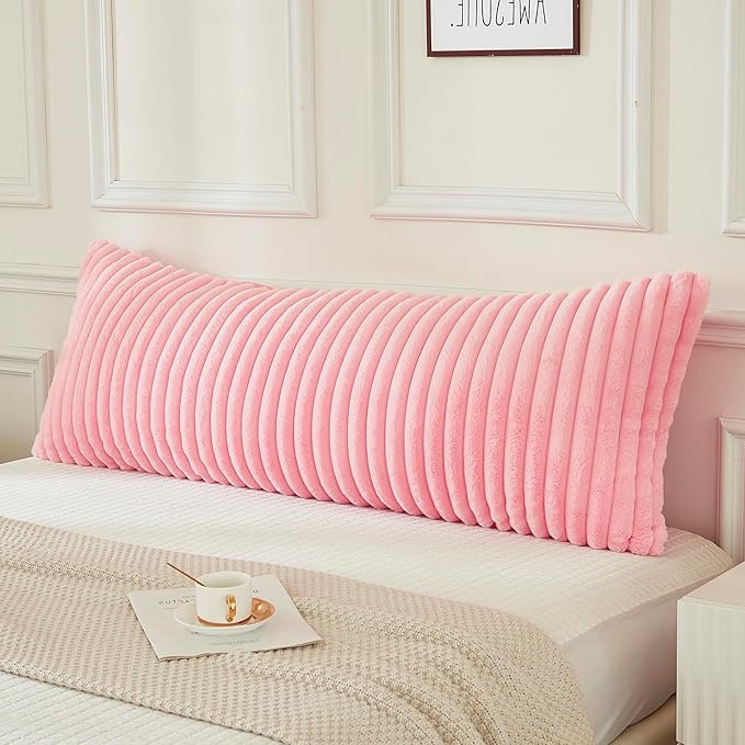 JAUXIO Faux Fur Fluffy Body Pillow Cover Luxury Textured Vertical Stripe Plush Decorative Body Pillowcase, Ultra Soft and Cozy Zipper Closure 21 x 54 Inches, Pink