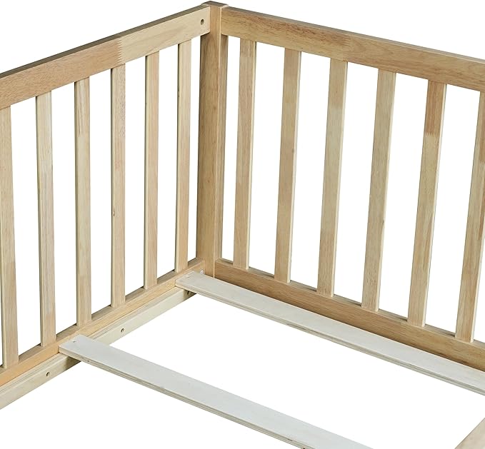 Bellemave Twin Size Montessori Floor Bed with 21.5" High Rails, Rubber Wood Twin Floor Bed with Slats, Natural