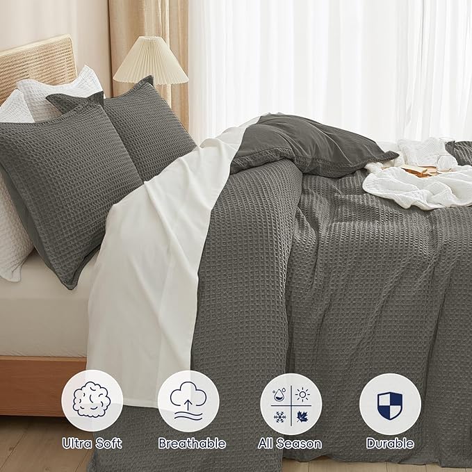 PHF Waffle Weave Duvet Cover Set Twin/Twin XL Size, No Snagging Ultra Soft Luxury Textured Breathable Comforter Cover for All Season 2pcs, Durable Bedding Duvet Set with 1 Pillow Sham, 68"x90", Grey