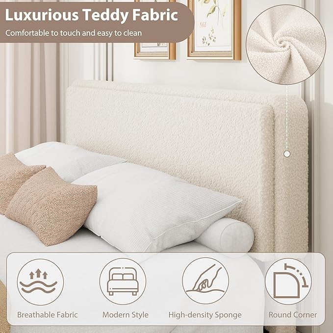 IDEALHOUSE Teddy Fleece King Size Bed Frame, Cloud Cream Bed Frame with 2 Storage Drawer and Adjustable Headboard, Soft Teddy Fabric, No Box Spring Required, Easy Assembly, Cream