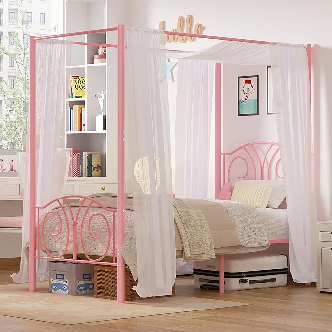 VECELO Metal Canopy Bed Frame Twin Size, 4 Posters Platform Mattress Foundation with Headboard, Heavy Duty Steel Slats Support, No Box Spring Needed, Pink