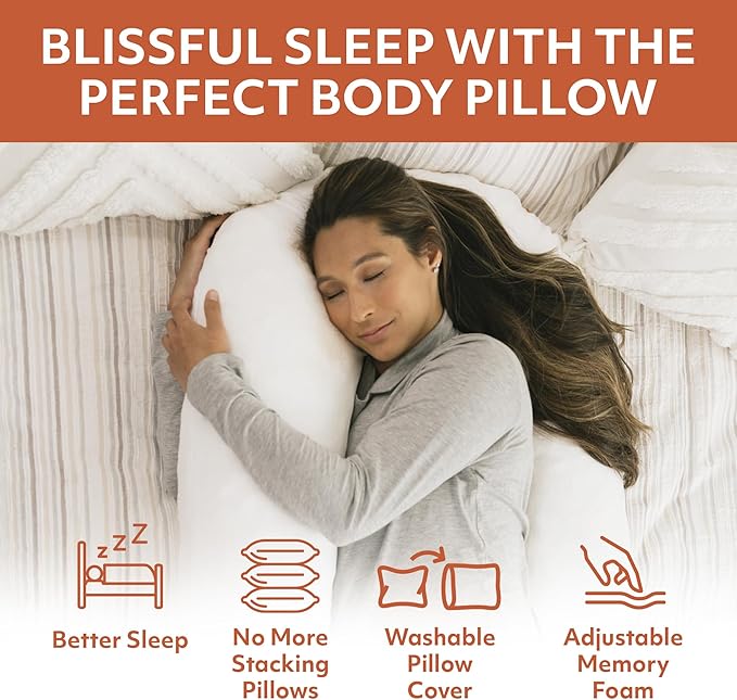MedCline Therapeutic Full Length Body Pillow, Adjustable Shredded Memory Foam Pillow for Side Sleepers, J-Shaped Body Pillow for Neck, Back, and Hip Support, Removable Washable Cover, 22"x50"x6"