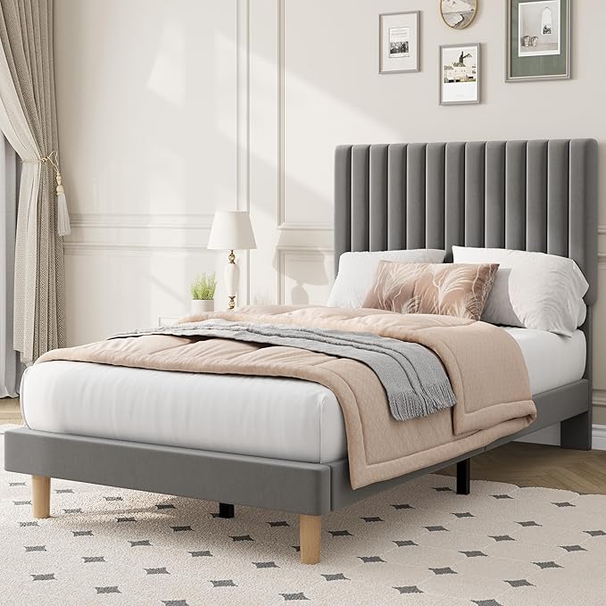 GAOMON Twin Bed Frame with Adjustable Headboard, Velvet Upholstered Platform Twin Size Bed Frame, Wooden Slats Support, No Box Spring Needed, Easy Assembly, Grey