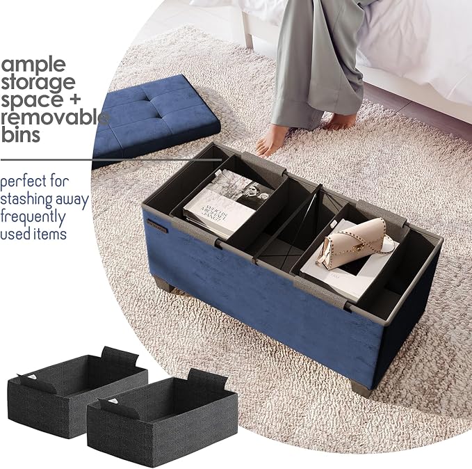 Storage Ottoman Bench with Bins, 30-in Storage Bench for Bedroom End of Bed, Folding Foot Rest Ottoman for Living Room Max 660lbs, Velvet Ottomans, Blue