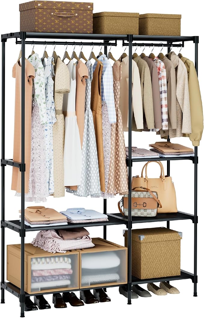 CASAMAYA Clothes Rack, Portable Closet, 44.9 Inch Large Capacity Wardrobe Closet, Clothes Storage Organizer with Shelves and 2 Hanging Rods, Easy to Assembly, Black PCT021B01
