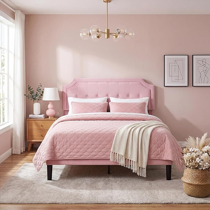 VECELO Queen Size Velvet Bed Frame with Headboard, Upholstered Platform Bedframe with Strong Wooden Slats, No Box Spring Needed, Easy Assembly,Pink
