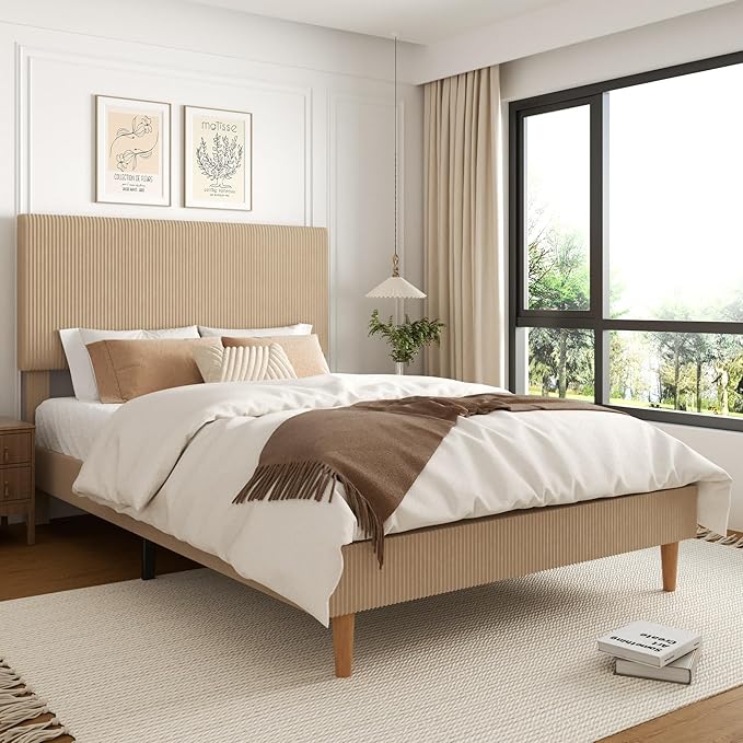 Queen Size Bed Frame, Upholstered Platform Bed with Adjustable Headboard, Vertical Fluted Tufted, Soft Corduroy Fabric, Strong Wooden Slats Support, No Box Spring Needed, Easy Assembly, Brown