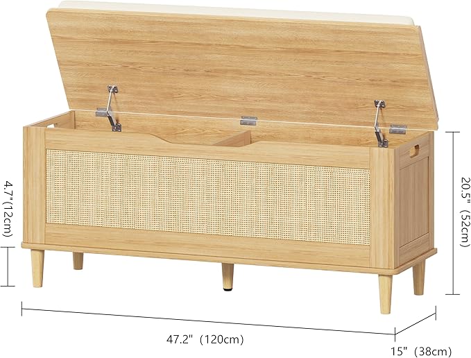 Keehusux 47.2" Rattan Storage Chest with Padded Seat Cushion, Extra Large Storage Bench with 2 Safety Hinges, Storage Trunk with Solid Wood Legs & Rounded Corners for Entryway, Bedroom, Natural Oak