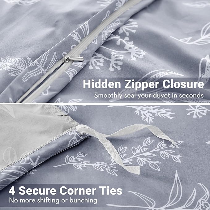 MUXHOMO Duvet Cover Full Size, Reversible Floral Grey Duvet Cover Set with Zipper Closure, 3 Pieces Botanical Patterns Soft Microfiber Bedding Set with 4 Ties (80"x90", 2 Pillow Cases)