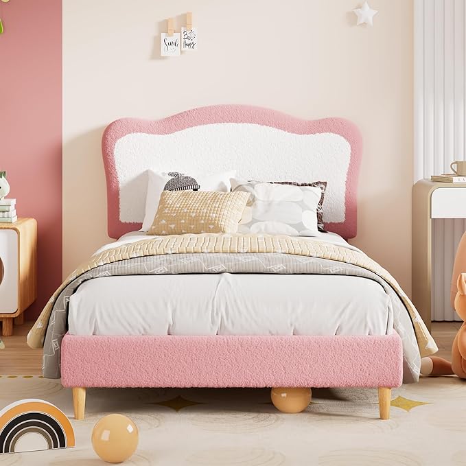 GarveeHome Full Bed Frames for Kids with Soft headboard, Velvet Low Bed Frame for Girls, Boys, No Box Spring Needed, Wooden Slats, Noise Free, Sturdy, Easy Assembly, Pink, White