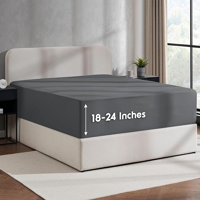Nestl Grey Extra Deep Pocket Fitted Sheet Full Size, Hotel Luxury Deep Pocket Full Size Fitted Sheet Only Easily Fits 18 to 24 Inch Mattress, Soft, Wrinkle-Free, and Breathable with Corner Straps
