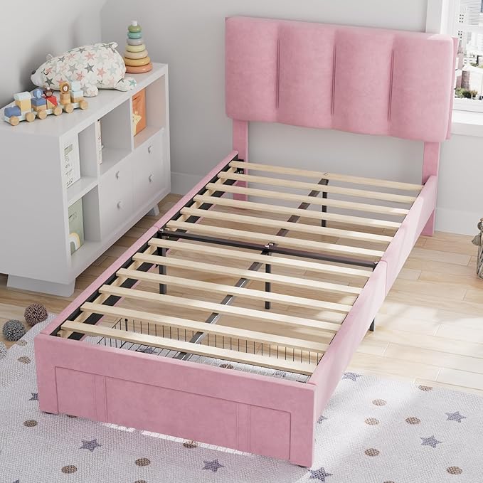 VECELO Twin Size Bed Frame with Storage Drawer, Heavy-Duty Bedframe with Tufted Headboard & Wooden Slats & Steel Framework, No Box Spring Needed, Pink