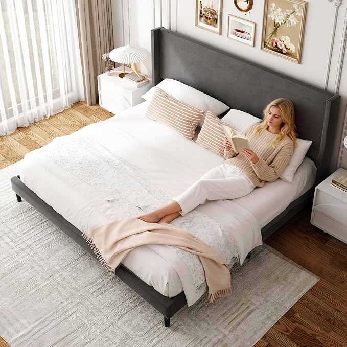 Sismplly King Bed Frame with Wingback Headboard, Velvet Upholstered Platform Bed with Wooden Slats, 6.46“ Under Bed Storage, Metal Support, Noise Free, No Box Spring Needed, Gray