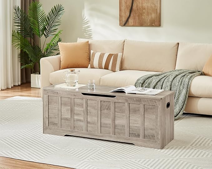 VANKILEY 51.2" Storage Chest Extra Large,Storage Bench with 2 Safety Hinges,Shoe Bench,51.2 * 15.7 * 19.1 inches,Wooden Trunk for Bedroom,livingroom,entryway,Supports 220 lb,Easy Assembly(Greige