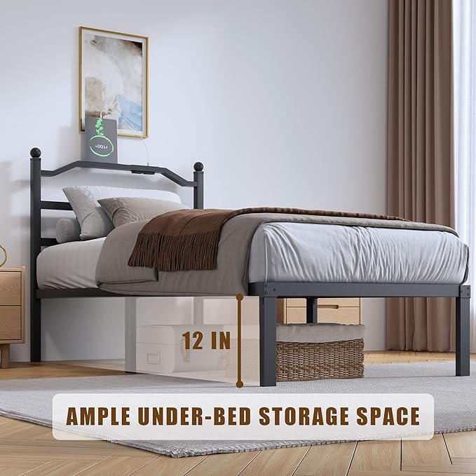 SHOANED Twin Size Bed Frame - 14 Inch Metal Heavy Duty Bedframe with Charging Station Black Basic Steel Slats Platform with Headboard No Box Spring Needed/Easy Assembly
