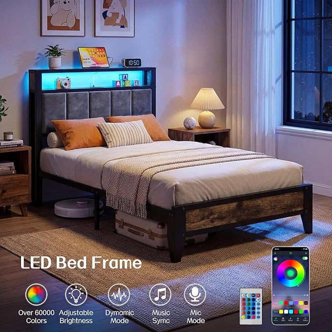 OLEVS Twin Bed Frame with LED Light Storage Headboard and Charging Station Type C, Metal Platform Bed Twin Size,No Box Spring Needed, Noise Free, Easy Assembly