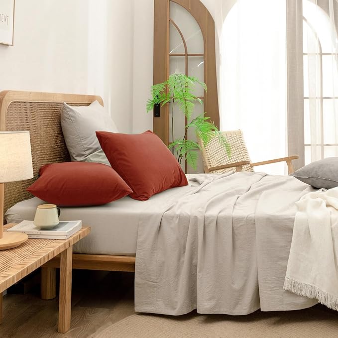 BESTOUCH 100% Washed Cotton Pillowcase for Hair and Skin Linen Feel Soft Comfortable Breathable 2 Set Pillow Case with Envelope Closure Solid Burnt Brick Red King 20x36 Inches