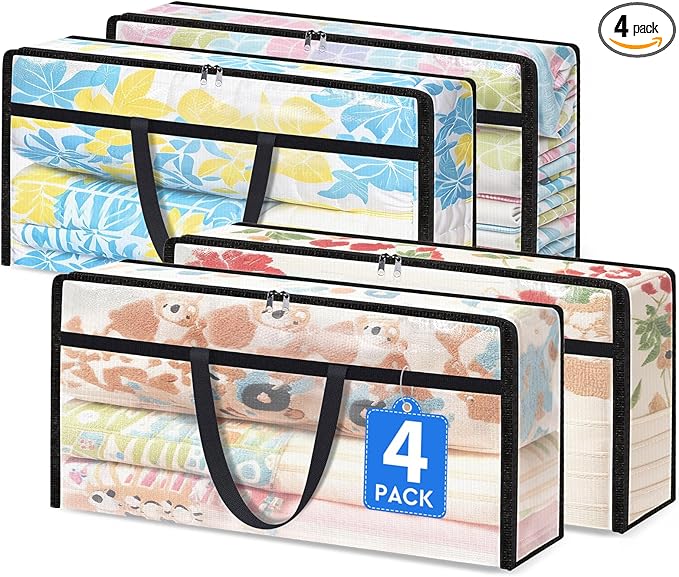TasticTotes 4 Pack Long Clear Storage Bags for Comforter, Clothes & Bedding, Plastic Blanket Storage with Zipper and Handle, Moving Bags, Closet Organizer and Under-Bed Storage (90L, 39.4"*7.1"*19.7")