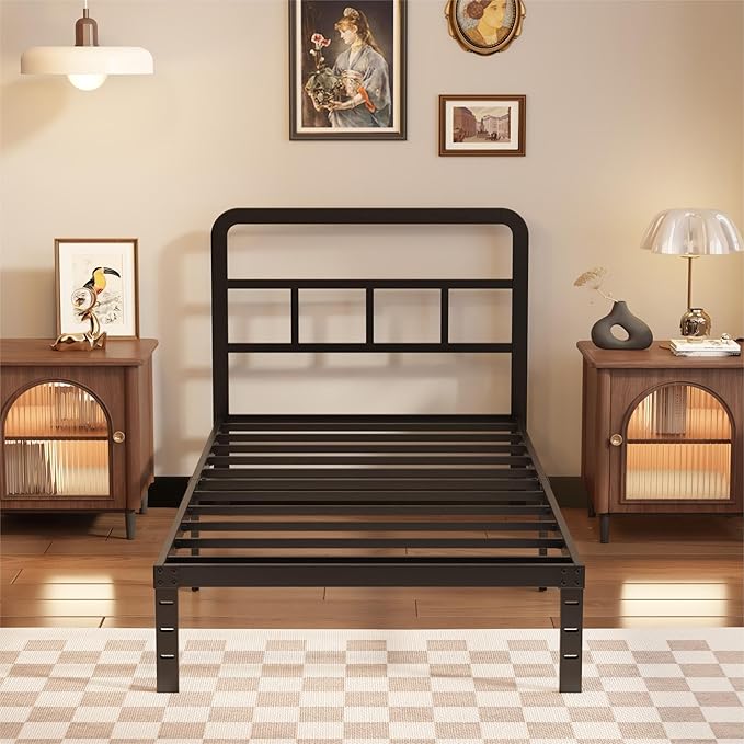 Husleephu Twin Bed Frames with Headboard, 12 Inch Heavy Duty Metal Twin Platform Bed Frame, No Box Spring Needed, Noise Free, Easy Assembly, Black