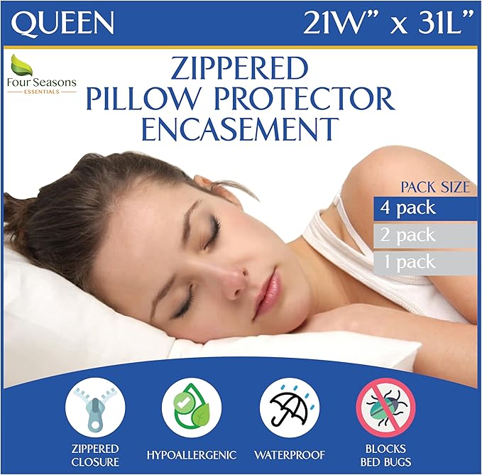 Queen Size Waterproof Pillow Protectors (Set of 4) – Zippered Allergy Pillowcase Cover Dust Proof Encasement