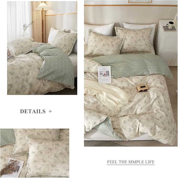 VM VOUGEMARKET Floral Bedding Twin Reversible Gray Beige Flower Duvet Cover Set,Cottagecore Duvet Cover Matching 2 Pillowcases 100% Cotton Chic Girls Bedding Set -Twin(68"x86")