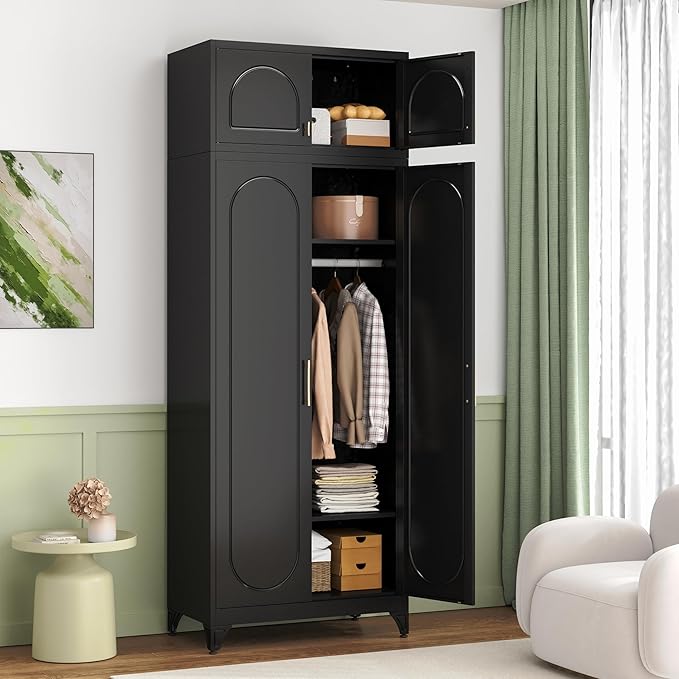 86" Metal Wardrobe Cabinets,Black Armoire Wardrobe Closet with Hanging Rod,Clothes Storage Cabinet with Adjustable Shelves and Doors,Clothing Cabinet for Bedroom, Office, Laundry Room