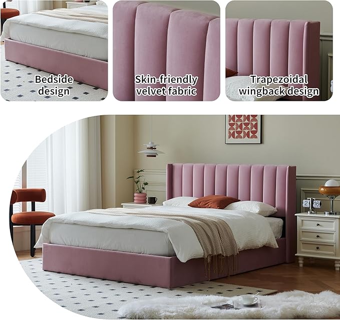 YUHUASHI Queen Size Hydraulic Storage Bed, Upholstered Platform Bed Frame, Modern Wingback Design Headboard, Velvet Fabric with Hydraulic Support Bars, No Box Spring Required (Pink, Full)