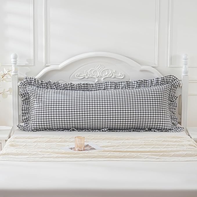 Grey/White Plaid Ruffled Checkered Body Pillow Sham 20x54 inches 1 Piece, Washed Cotton Vintage Farmhouse Bed Body Pillow Cover for Bed/Sofa