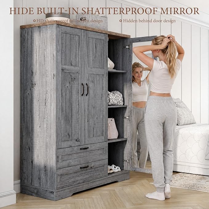 Yechen 3-Door Wooden Armoire Wardrobe Closet with Drawers and Shelves, Bedroom Armoires with Mirror for Hanging Clothes, Coat, Farmhouse Wardrobe Cabinet for Large Storage Needed