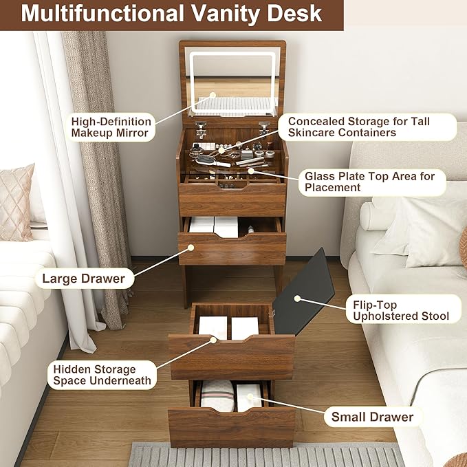 Casaphoria Vanity Desk with Mirror and Lights, 3-in-1 Flip Top Makeup Vanity Table with Stool and Storage, Compact Dressing Table for Small Space, Walnut Finish (18.9 Inch)