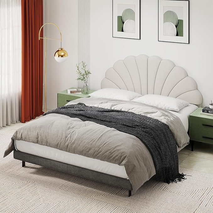 Befurtori Queen Size Headboard Only, Petal Wall Mount Headboard Queen/Full Size for Adjustable Bed Velvet Upholstered Head Board Easy Assembly, Cream