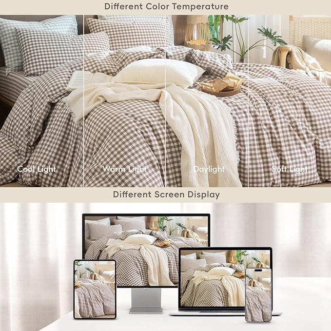 MooMee Gingham Duvet Cover Set 100% Washed Cotton Linen Like Textured Breathable Durable Soft Comfy Modern Checkered Design (Brown Gingham, Palatial King/Oversized King 120"x98")