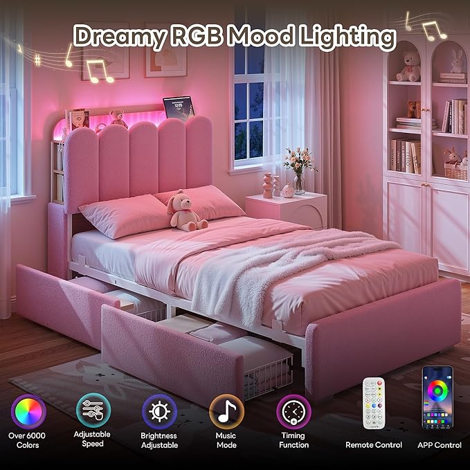 LIKIMIO Twin Bed Frame with 2 DIY Storage Drawers, Bouclé Headboard with Charging Station and LED Lights, Sturdy and Stable, No Box Spring Required, Easy Assembly, Pink
