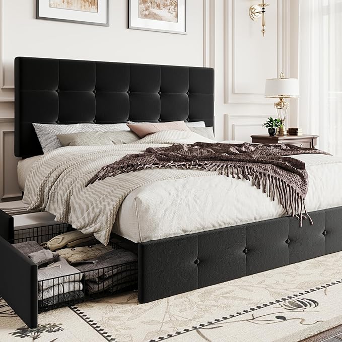 SHA CERLIN Full Size Platform Bed Frame with 4 Oversized Storage Drawers, Adjustable Headboard with Velvet Upholstery, Square Button Tufted Design, Wooden Slat Support, No Box Spring Needed, Black