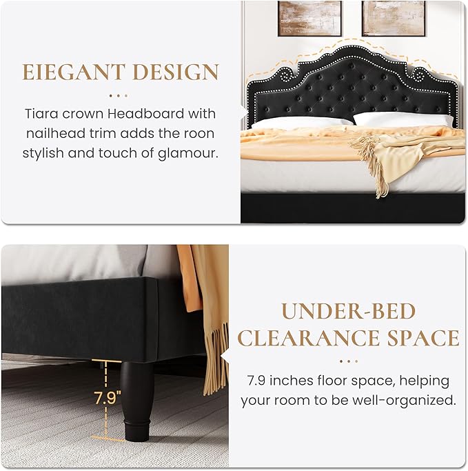 SHA CERLIN Full Size Bed Frame with Adjustable Headboard/Velvet Upholstered/Diamond Button Tufted and Metal Studs/No Box Spring Needed/Wood Slat Support/Easy Assembly/Black