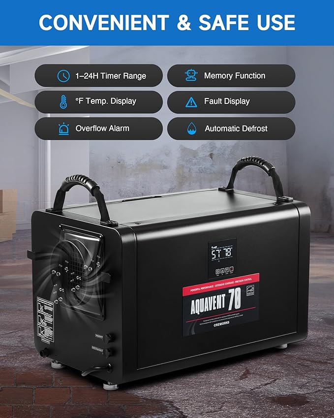 CREWORKS 145 PPD Crawl Space Dehumidifier, Commercial Dehumidifier for Basement with Built-in Hose, Professional Crawl Space Dehumidification with Auto Defrost & Detachable Display