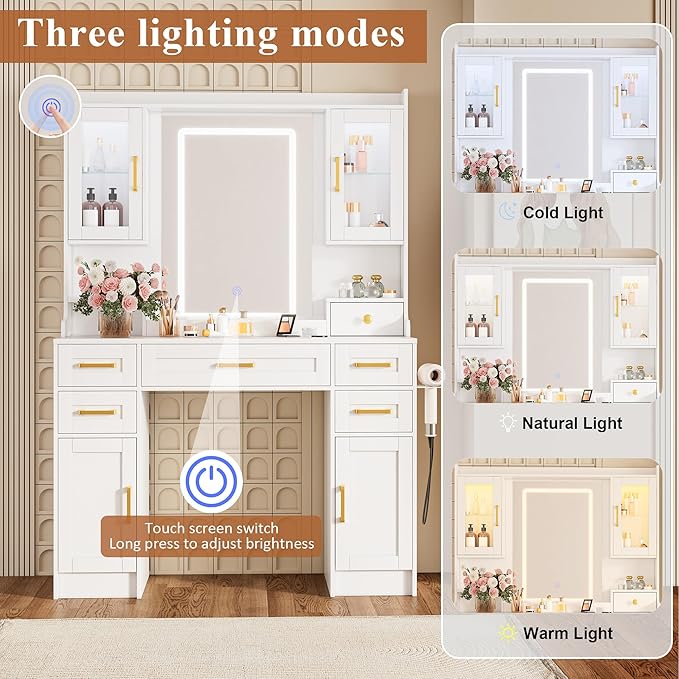 Vanity Table with Mirror and Lights, 5 Drawers, 2 Lighted Cabinets & 2 Storage Cabinets, Makeup Dressing Table, White Vanity for Bedroom Dressing Room