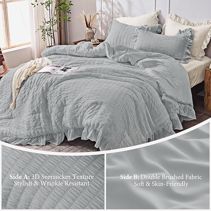 JOLLYVOGUE Light Grey Twin Size Comforter Set, 2 Pieces Seersucker Lightweight Fluffy Bedding Set, Twin Ruffle Comforter, All Season Soft Microfiber Shabby Chic Bed Set