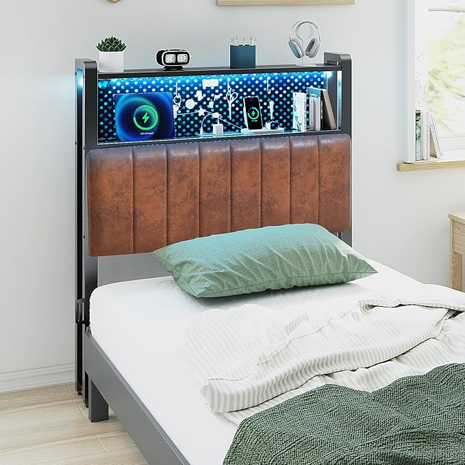 VINGLI Twin Size Headboard with Storage, Upholstered Head Board for Twin XL Bed, Charging Stations and LED Light, 2 Tier Shelves and Pegboard,Height Adjustable, Industrial Brown