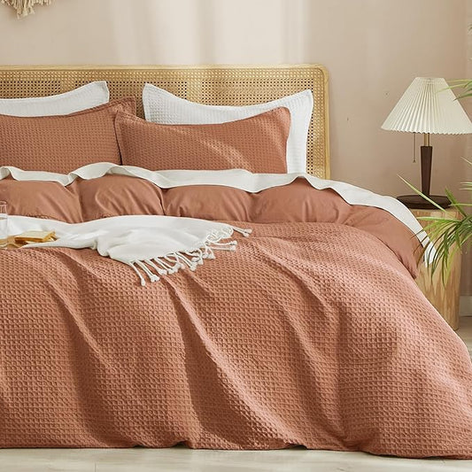 PHF Waffle Weave Duvet Cover Set Queen Size, No Snagging Ultra Soft Luxury Textured Breathable Comforter Cover for All Season 3pcs, Durable Bedding Duvet Set with 2 Pillow Shams, 90"x90", Terra Cotta