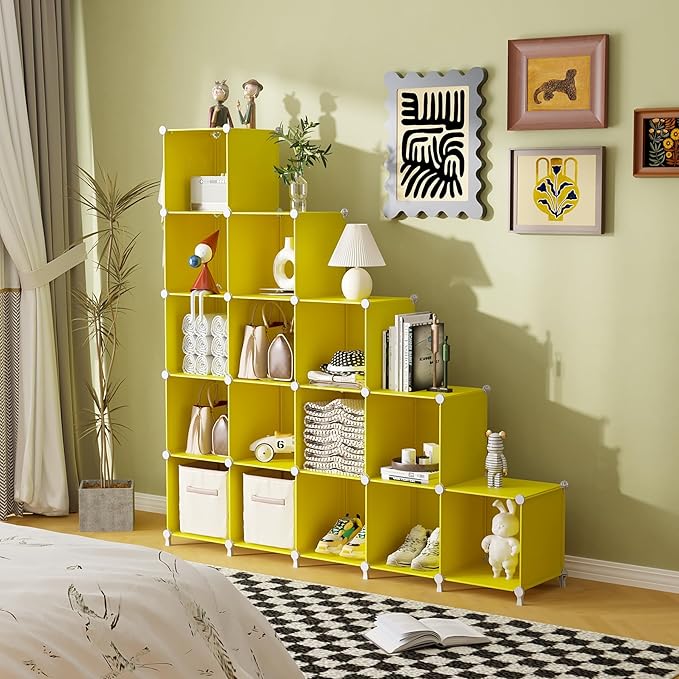 AWTATOS Cube Storage Organizer, Storage Cubes Shelves, 16 Cube Closet Organizers and Storage, DIY Stackable Bookshelf Plastic Clothes Organizer Shelving for Bedroom, Home, Yellow
