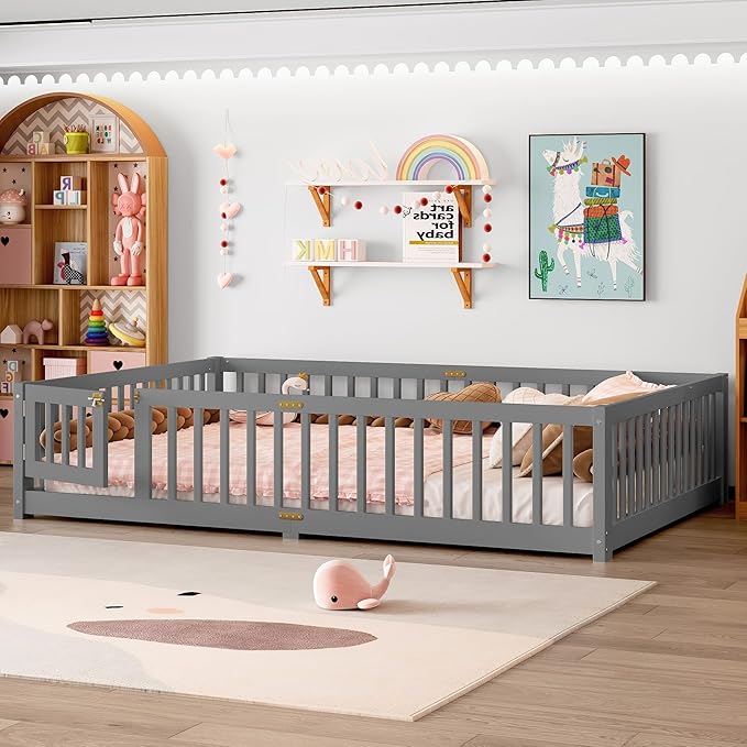 Bellemave Queen Floor Bed with Slats and Door, Queen Size Montessori Floor Bed with Fence and Door, Easy Assemble Montessori Beds Frame for Girls, Boys, Gray