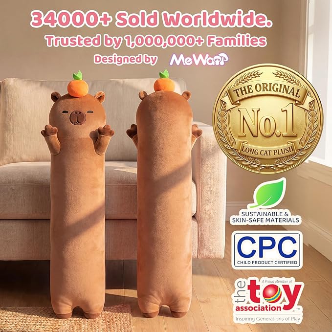 Mewaii Long Capybara Body Pillow Plush 5 Sizes, 120% Extra Filling Giant Plushness Kids Body Pillow, Kawaii Cute Capybara Capibara Stuffed Animals Plushies, Big Long Body Pillow Gift for Girls 20”