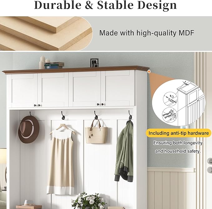 Merax Farmhouse Wood 59''W Hall Tree with 4 Hooks and Entryway Shoe Bench, 4-in-1 Coat Racks with 4 Open Compartments and Cabinets, for Entrance, Hallway, Mudroom, White
