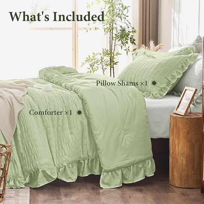 JOLLYVOGUE Sage Green Twin Size Comforter Set, 2 Pieces Seersucker Lightweight Fluffy Bedding Set, Twin Ruffle Comforter, All Season Soft Microfiber Shabby Chic Bed Set