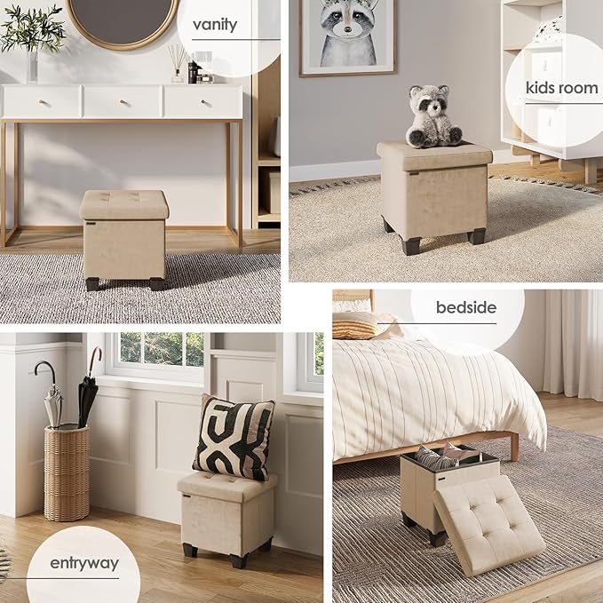 Storage Ottoman Cube with Small Bin, 15-in Square Ottoman with Storage for Living Room and Bedroom, Small Ottomans Foot Rest, Velvet Foot Stools Ottomans Max 330lbs, Taupe